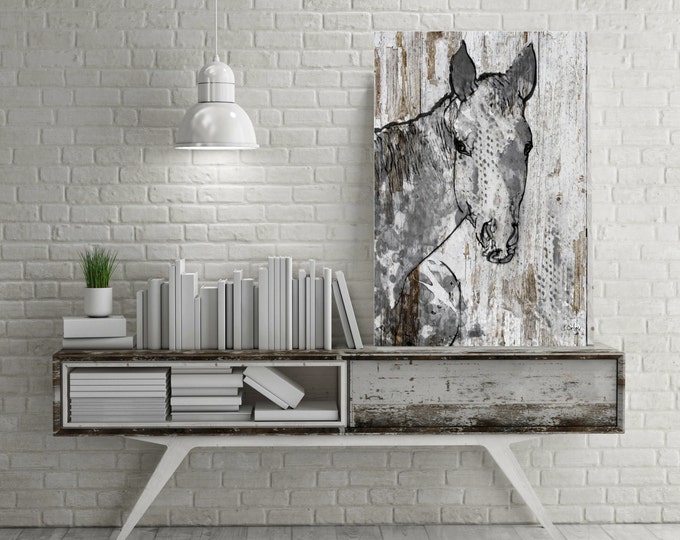 Beauty. Extra Large Horse, Unique Horse Wall Decor, White Grey Rustic Horse, Large Contemporary Canvas Art Print up to 72" by Irena Orlov