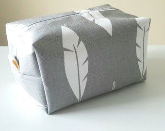 Feather Makeup Bag - Grey Cosmetic Pouch - Lunch Bag - Wet Bag - Waterproof Bag