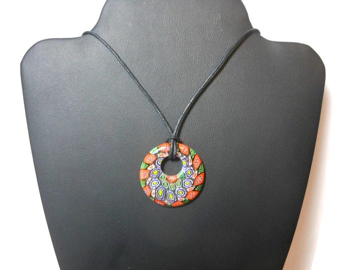 Millefiori glass pendant, 30mm round orange background, yellow green and blue flowers, round go-go on black cord, silver plated findings