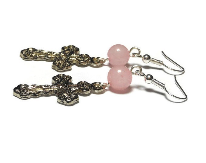 Orthodox Crucifix Earrings, handmade Russian Orthodox silver plated with rose quartz beads, cross pierced dangle earrings.