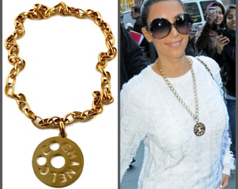 Vintage COCO CHANEL Cutout Openwork Logo Medallion Kim Kardashian Necklace