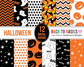 Cute Halloween Digital Paper Sale: Halloween Scrapbook Paper for digital scrapbooking and digital backgrounds. Pumpkin, ghost, & chevron