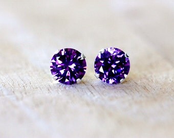 2 carat amethyst cz stud earrings | large purple cubic zirconia studs | post earrings | sterling silver studs | bridesmaid gift | girlthree