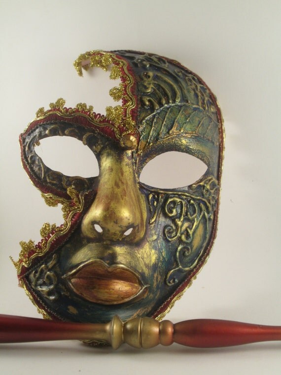Mens Masquerade Mask on Stick Blue Red And Gold Theatre Mask