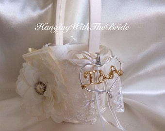 Wedding flower girl basket, initial flower girl basket