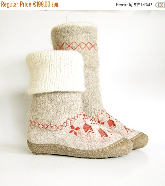SALE Felted wool shoes with red decoration winter by WoolenClogs