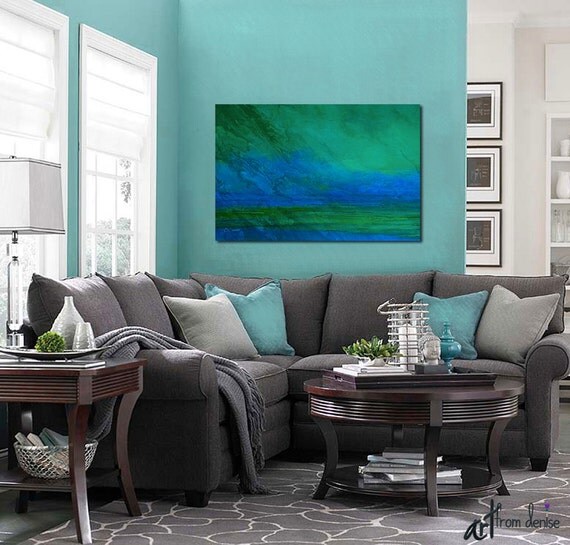 Cobalt blue Emerald Green Large abstract wall art Oversized