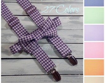 boys suspenders and bow tie set in plum purple gingham - boys suspenders - toddler suspenders - baby - wedding - 27 colors available