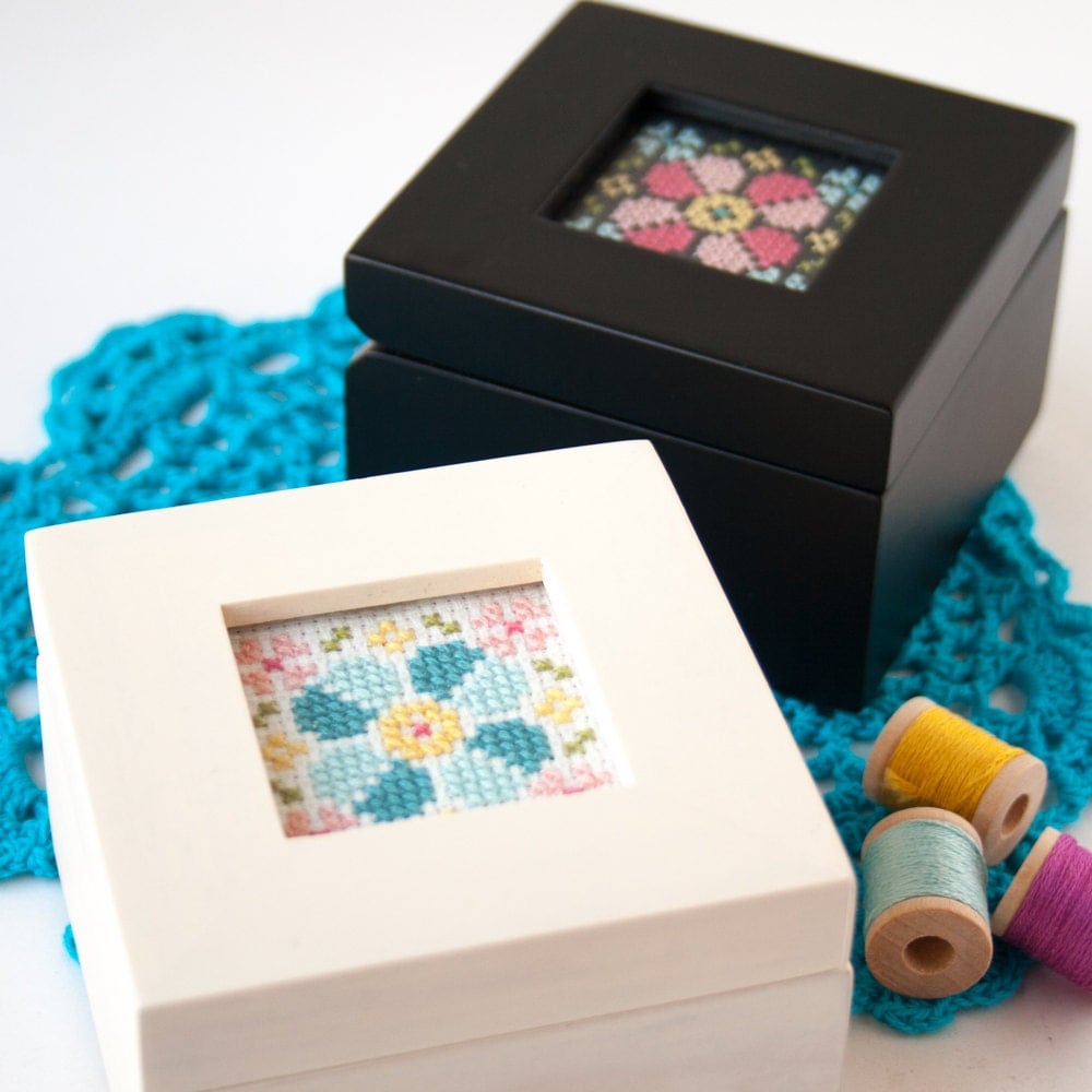 Modern cross stitch kit Wood box with hand stitching