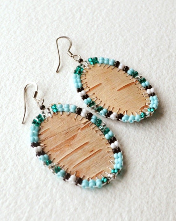 Beaded Birch Bark Earrings Native Made Turquoise Free