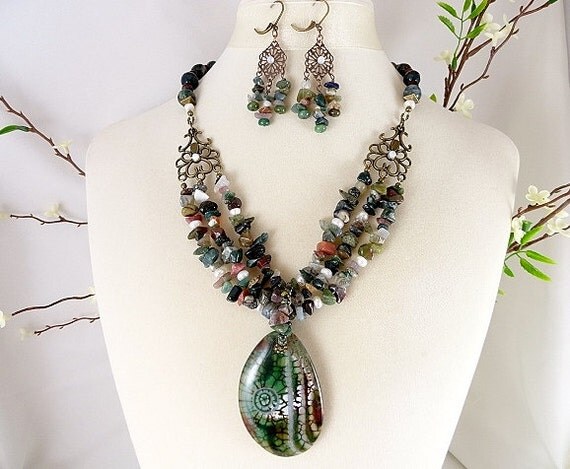 Green Gemstone Necklace, Dragon Veins Pendant Necklace, Convertable Jewelry, Agate Gemstone Necklace, Matching Earrings, OOAK
