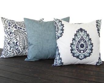 Set of three Throw Pillow covers, Pillow Covers, Cushion, Decorative Pillow, Vintage Indigo Blue White contemporary geometric modern decor