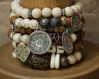 Stack Bracelets, Beaded Bracelets, Set of SIX Bracelets, Charm Bracelets, Stretch Bracelets, Angel Bracelet, Boho Bracelets, Buddha Bracelet
