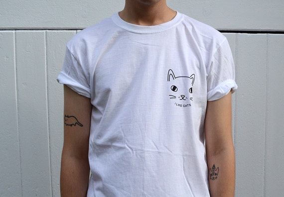 White cat face t shirt cat tee I like cats by ilikeCATSshop