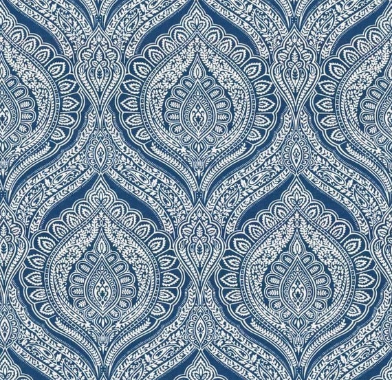 Blue Damask Upholstery Fabric Custom Blue White Paisley