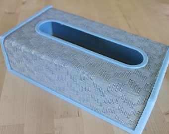 Baby BLUE 1970s Vintage Tissue Box cover Woven straw top and plastic sides