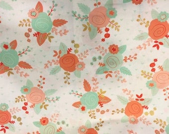 FABRIC-Peach, Coral Mint Floral Fabric by the Yard-Quilt Fabric-Apparel Fabric-Home Decor Fabric-Fat Quarter-Craft Fabric-Fat Quarters