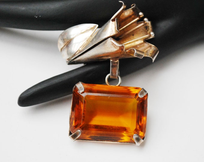 Art Nouveau -Sterling Silver - Brown Orange - Topaz crystal glass flower- dangle bar brooch