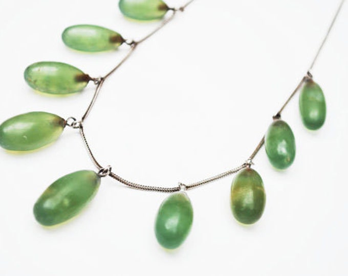 Serpentine Necklace Earring set - Olive Green Gemstone bead - silver chain - Olive jade