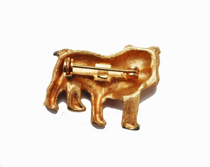 Dog brooch gold tone green rhinestone pit bull bull dog figurine pin