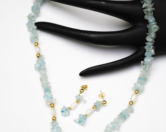 Aquamarine Fresh water Pearl and 14kt gold bead light blue gemstone bead necklace and esrring set