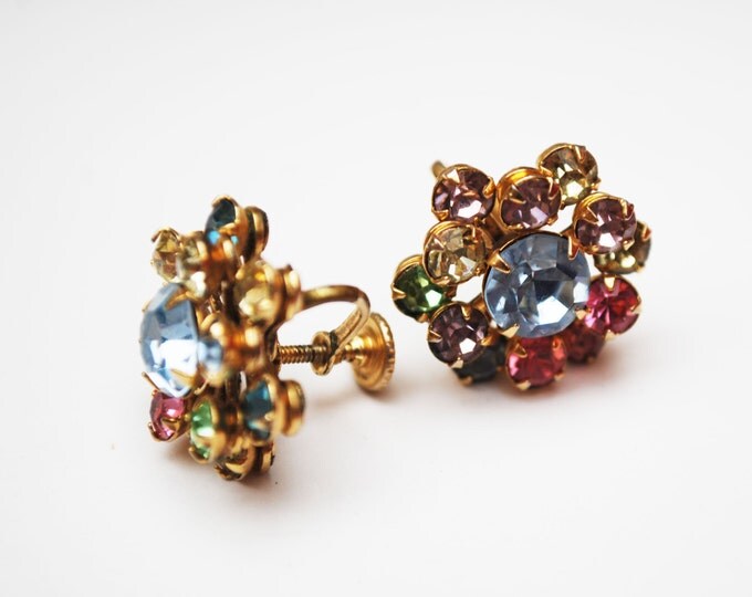 Colorful Rhinestone Earrings glass pronged gold setting screw back earrings mid century