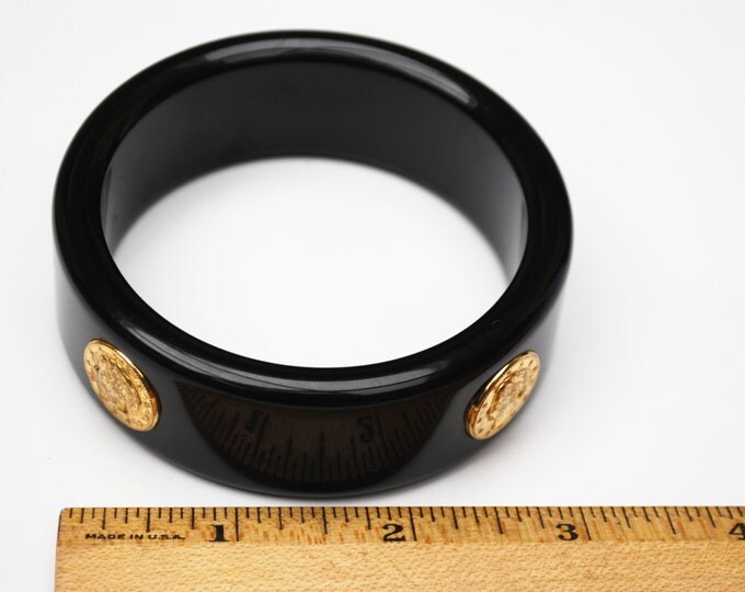 Gold Coin Bracelet - Black Lucite Plastic - Bangle 1980s