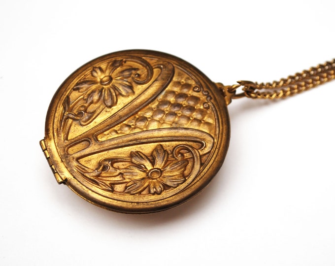 Art Nouveau Style Floral Locket Necklace resposse gold filled double large Round Flower locket