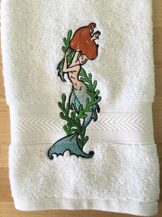 Embroidered Mermaid Bathroom Hand Towel Cotton by JensArtifacts