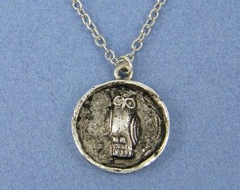 Owl Necklace Antique Silver Owl Pendant Medallion Bird Necklace Owl Charm Necklace with 18 inch Silver Plated Chain |NU1-11
