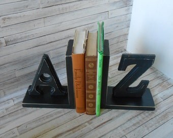 Wood Bookends - A/Z Bookends -Black Bookends -Handmade Bookends - Nursery Bookends - Farmhouse /Cottage/Rustic Bookends -Painted Bookends