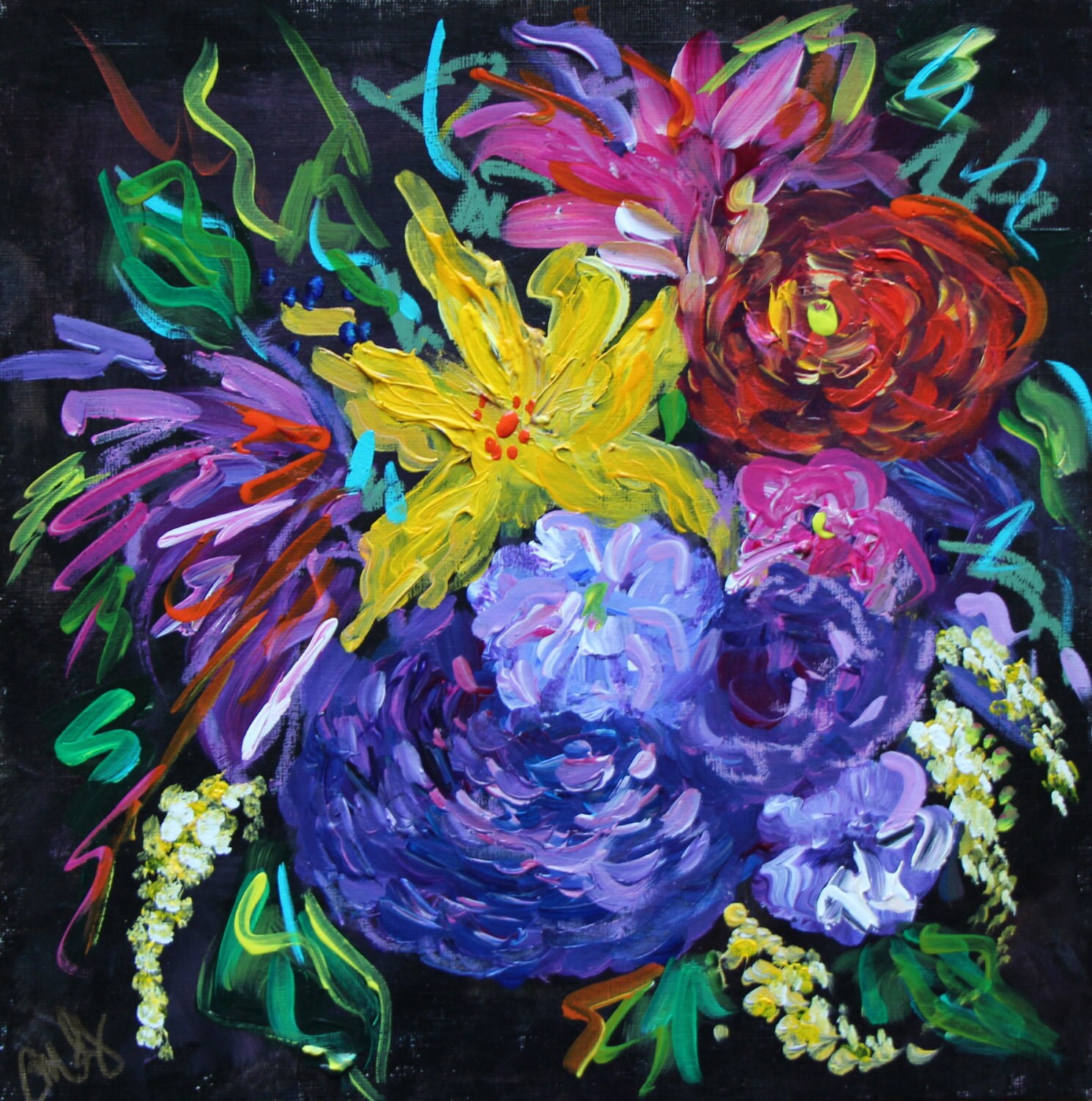 Small Abstract Flower Painting Wedding bouquet 12 x