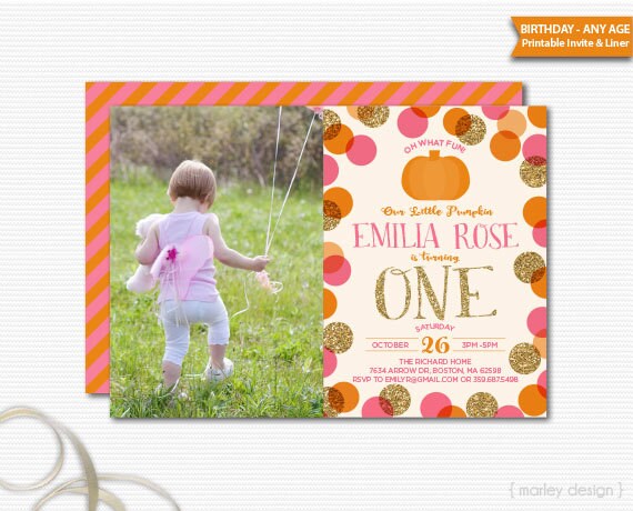 Pumpkin Invitation Printable Photo Invitation First Birthday 1st Birthday Invitation Pumpkin Party Little Pumpkin Invitation Gold Glitter Il_570xn