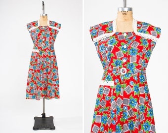Vintage 1930s Red Floral Cotton & Eyelet Feed Sack Dress