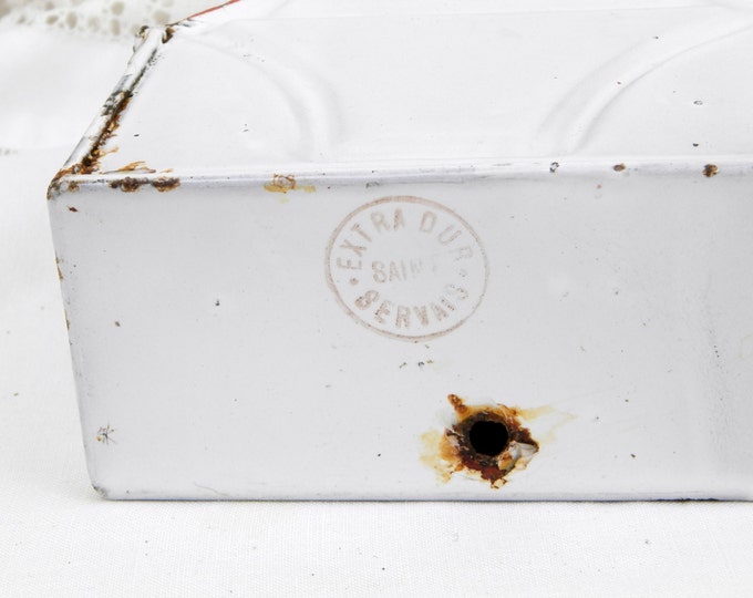 Antique French Saint Servais White and Red Enamelware Box for Matches, French Country Decor, Vintage Retro French Home, Enamel Matchbox