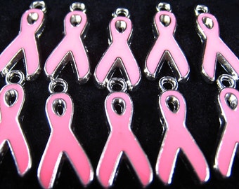 CLEARANCE Pink Enamel Breast Cancer Awareness Ribbon Charm Set of 10