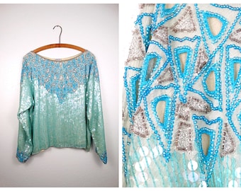 Mint Green Sequined Blouse / Iridescent Art Deco Sequin Top / Turquoise Blue and Green Silk Embellished Top L