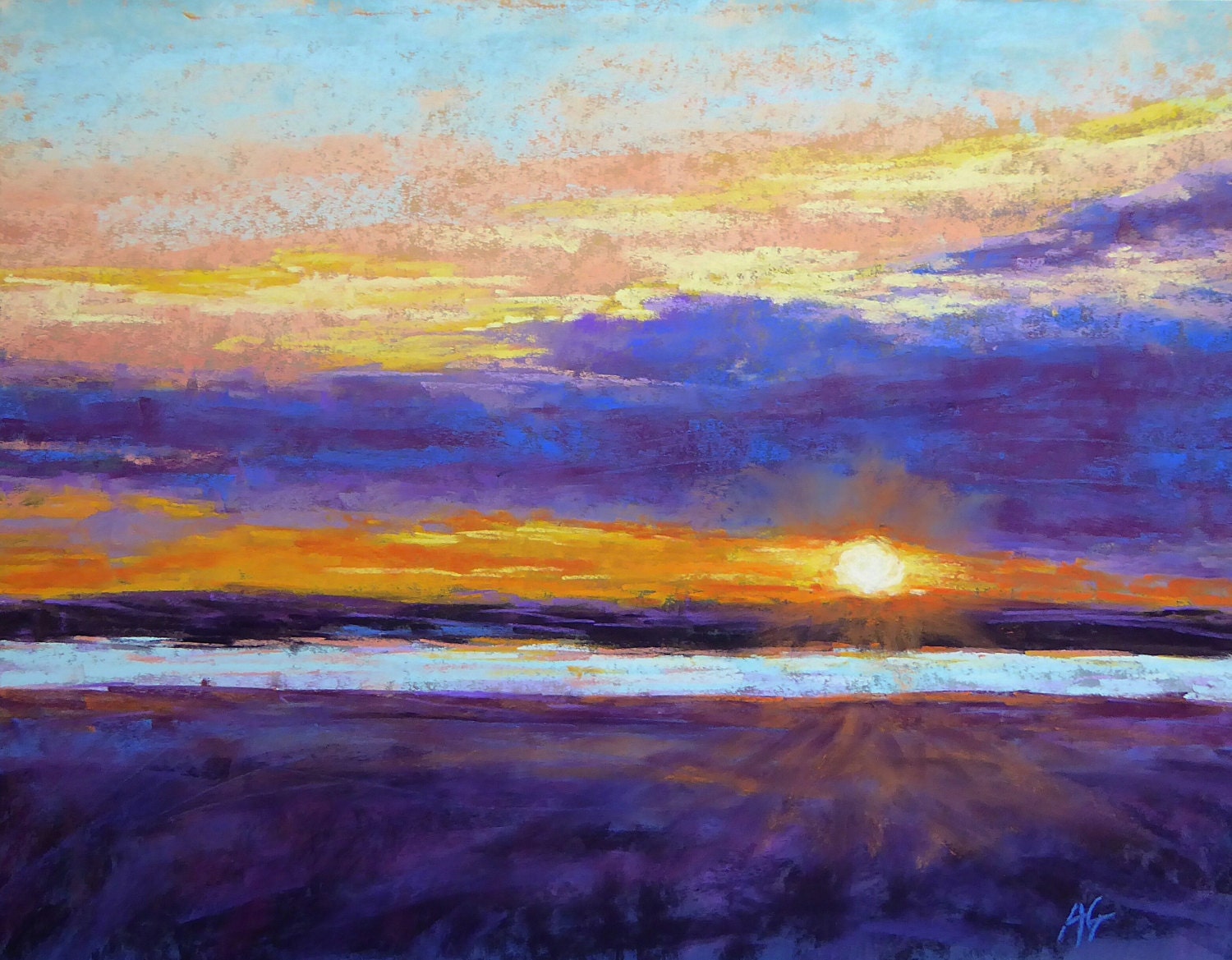 11x14 sunset landscape painting soft pastel by AlejandraGos