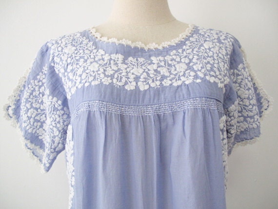 Embroidered Mexican Dress Cotton Tunic In Blue Wedding Dress