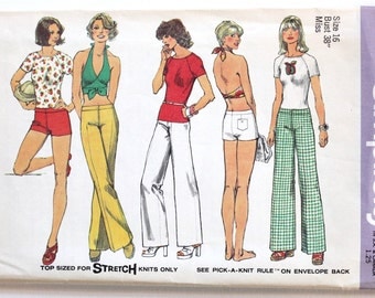 Vintage 1970s Women's Halter Top, Hip Hugger Pants, Raglan T Shirt, and Shorts Sewing Pattern Size 16 Simplicity 6354 Bust 38