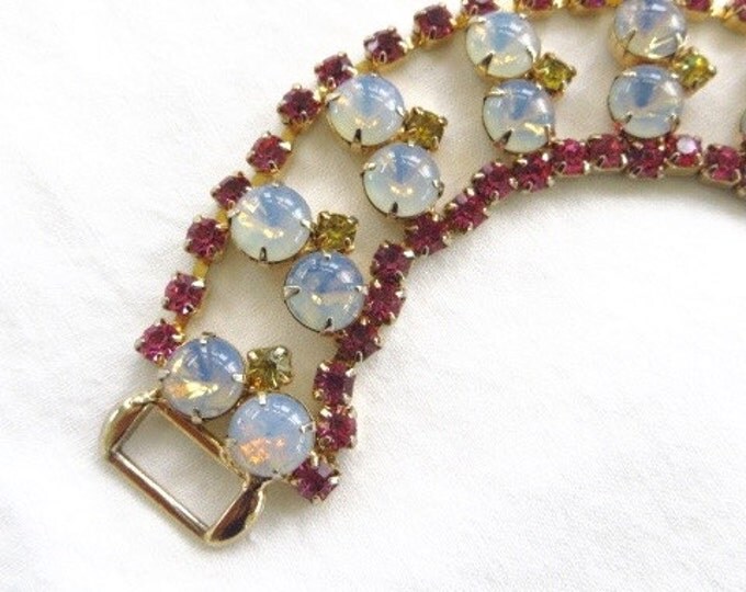 Moonstone Rhinestone Bracelet Pink Yellow Rhinestone Vintage 1960s Jewelry