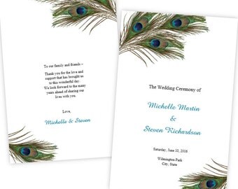 Folded Wedding Program Template - Peacock Feathers - DIY Printable Template - Instant Download - Microsoft Word File - Printable