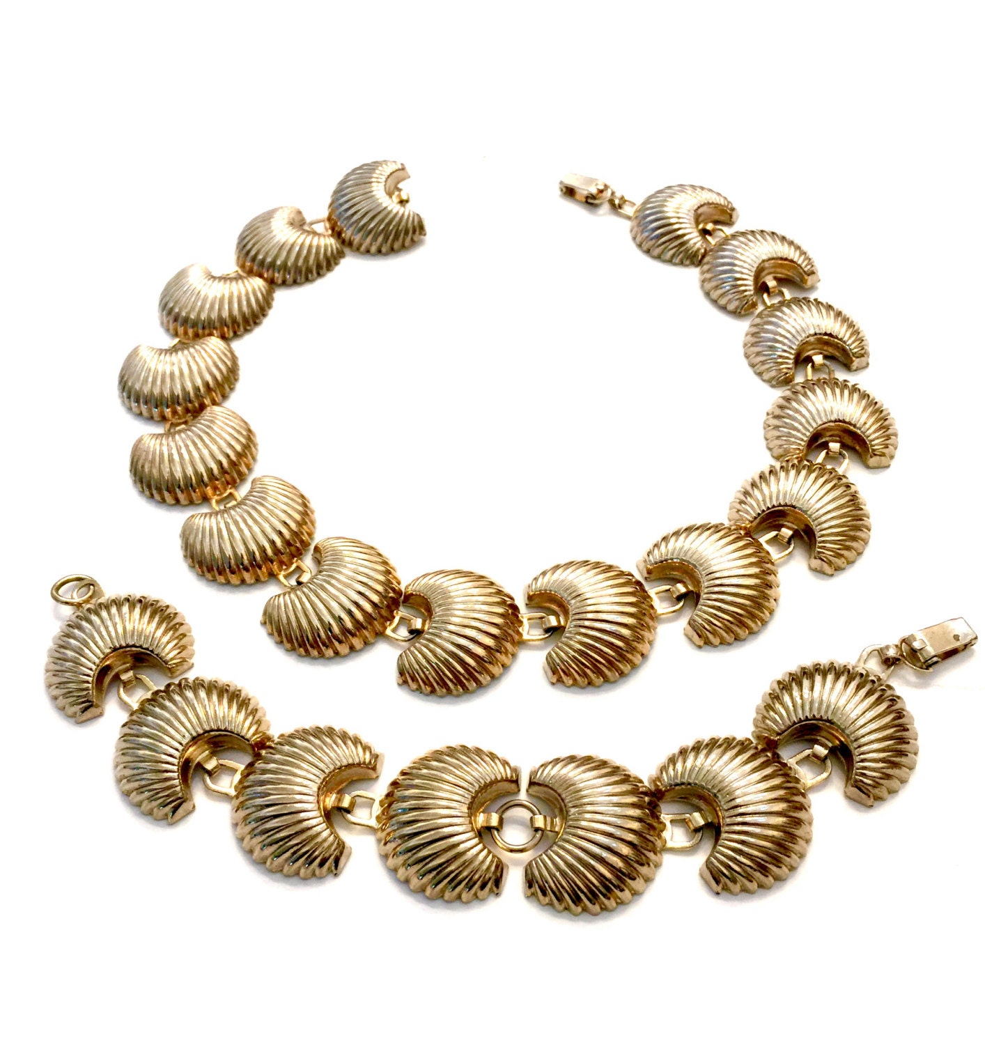 Marino Gold Tone Demi Parure Necklace and Bracelet Ribbed