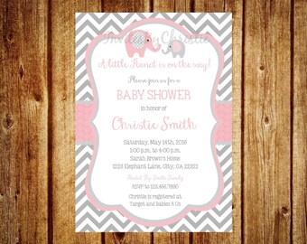 Light Pink and Gray Elephant Baby Shower Invitation- Digital File- DIY Printable - It's a Girl, Elephant, Chevron, Pink, Little Peanut