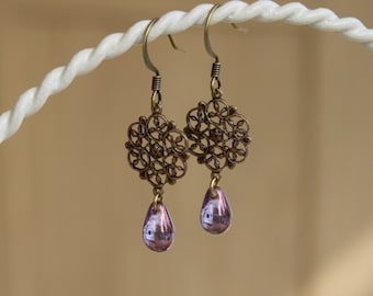 Amethyst Purple Czech Glass Filigree Earrings/Teardrop/Brass Connector/Purple Earrings/Dangle & Drop/Filigree Earrings/Purple Glass