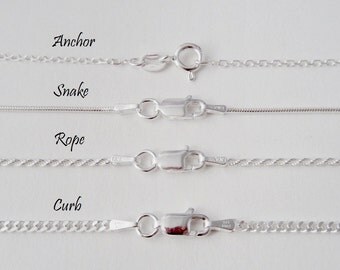 925 Sterling Silver Chain - Anchor, Rope, Snake and Curb Link Chains - 16 to 30 inches - Finished Chain - Unisex Chains