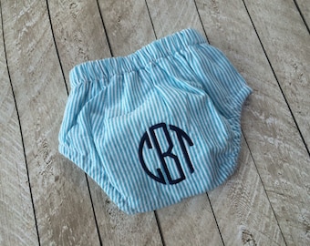 Baby boy Seersucker Diaper cover with circle Monogram-newborn gift-babyshower gift-boy diaper cover
