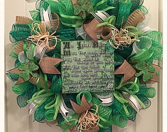 St Patrick's Day Burlap Irish Blessings Deco Mesh Wreath/ Saint Patrick's Day Wreath/ Green Burlap Wreath/Irish Blessings Wreath