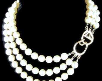 Vintage Kenneth J Lane 3 row Multi Strand Hand Knotted Champagne Faux Pearl Necklace