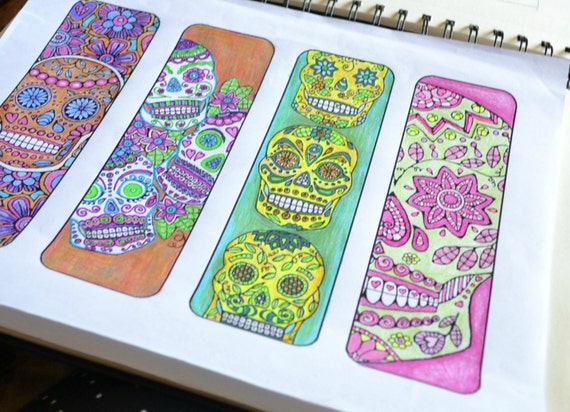 Sugar Skull Bookmarks to Color and Print by LittleShopTreasures